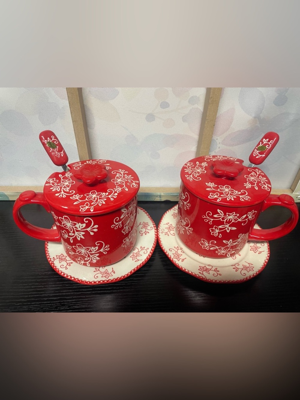 Temp-Tations Red Floral Lidded Tea Mug Set with Saucers and Spoons